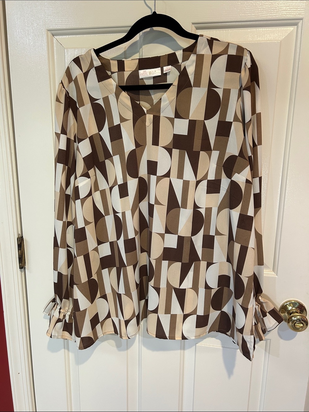 Belle by Kim Gravel Brown and Cream Geo Graphic V-Neck Long-Sleeve Blouse